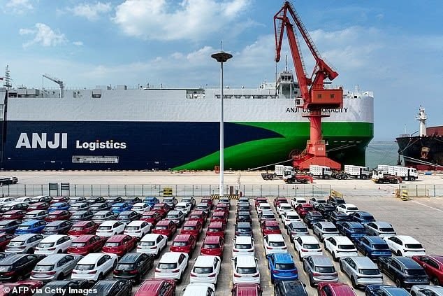 Vehicles waiting for overseas shipment at a China auto export yard in 2026
