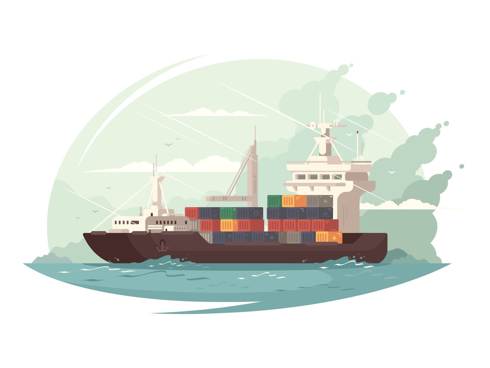 Container ship cargo transports in ocean or sea. Vector illustration