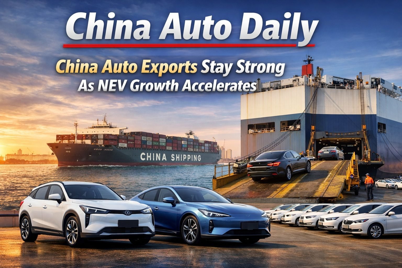 China Auto Daily cover image showing Chinese vehicle exports, NEV growth, cars at port, and cargo ship loading for overseas markets in 2026