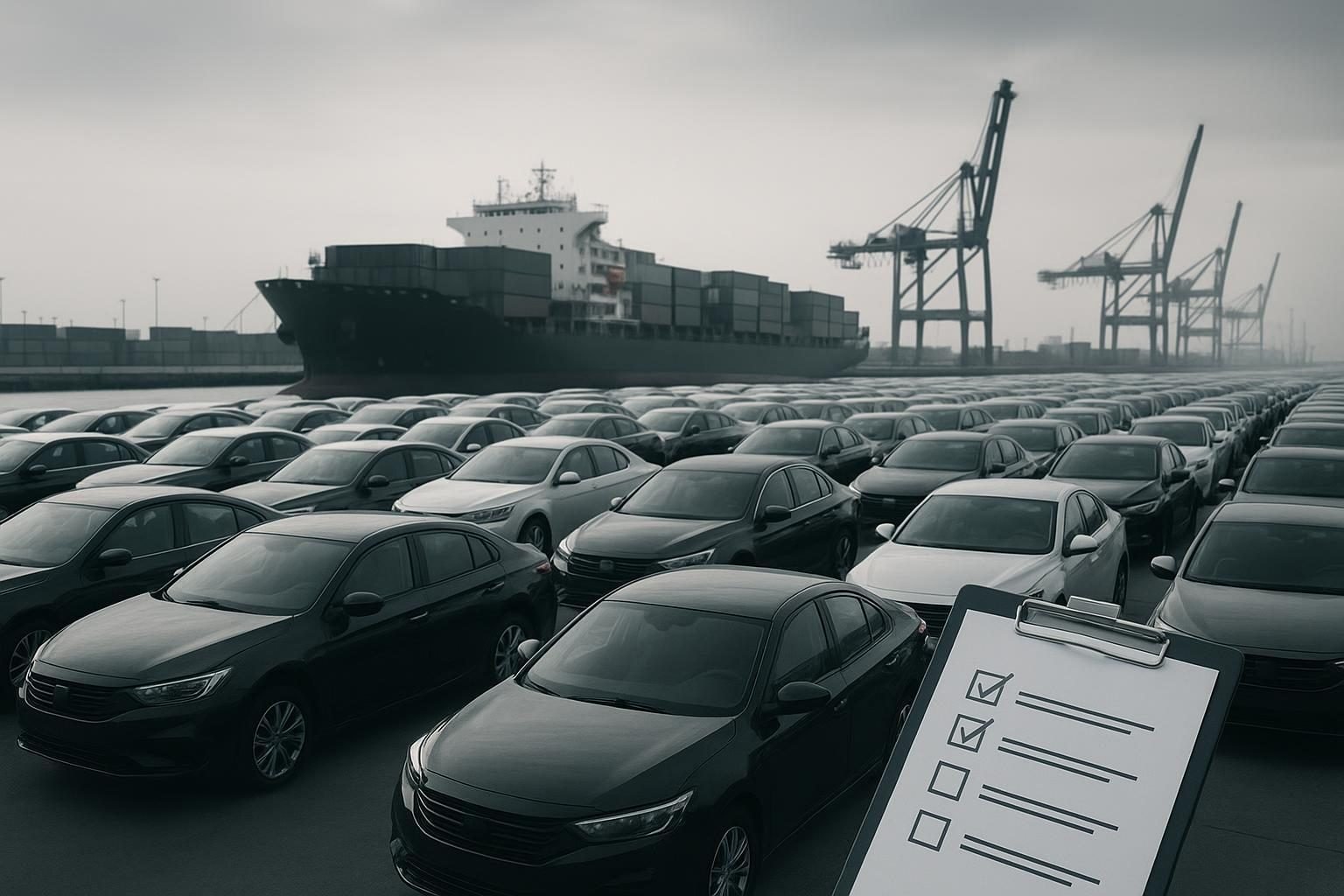 Direct sourcing cars from China illustrated by export-ready vehicles at a port