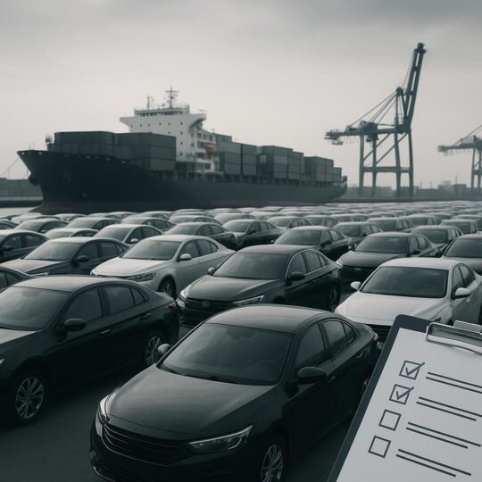 Direct sourcing cars from China illustrated by export-ready vehicles at a port
