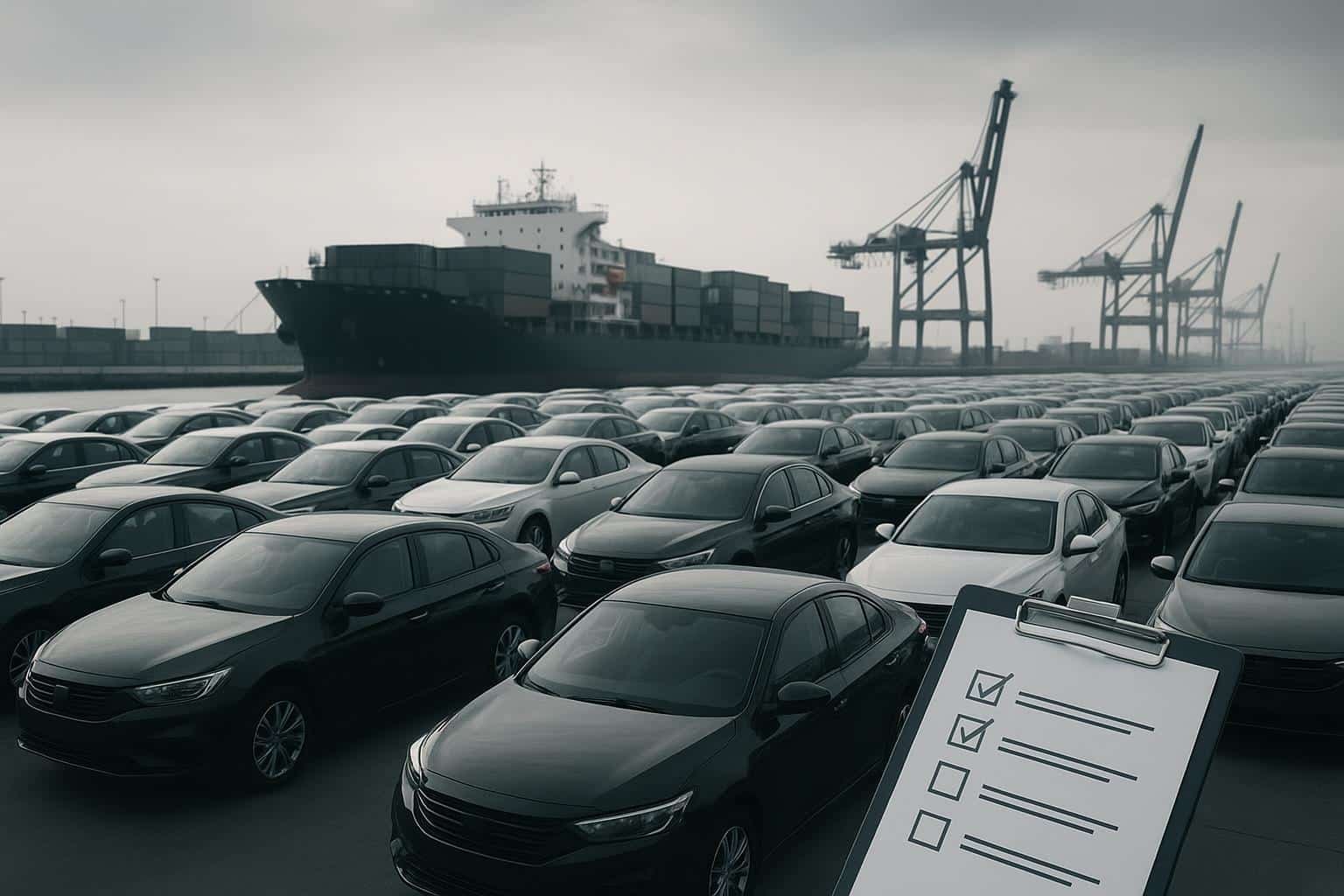 Direct sourcing cars from China illustrated by export-ready vehicles at a port