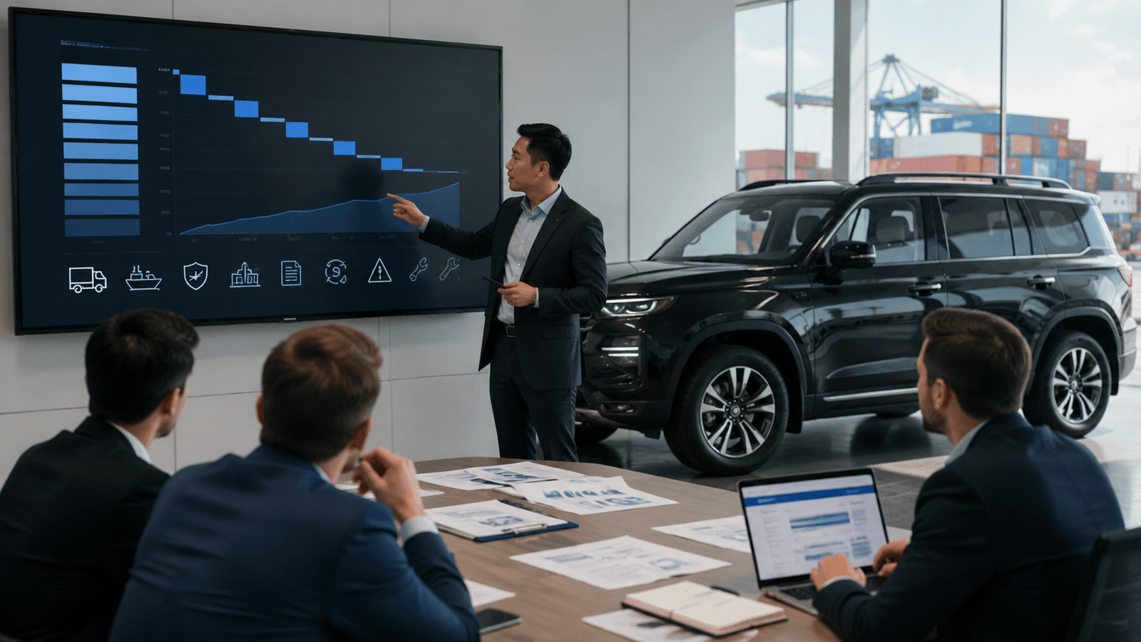 Editorial illustration of a landed-cost presentation, port logistics, and an SUV, representing wholesale vehicle cost and margin sensitivity.