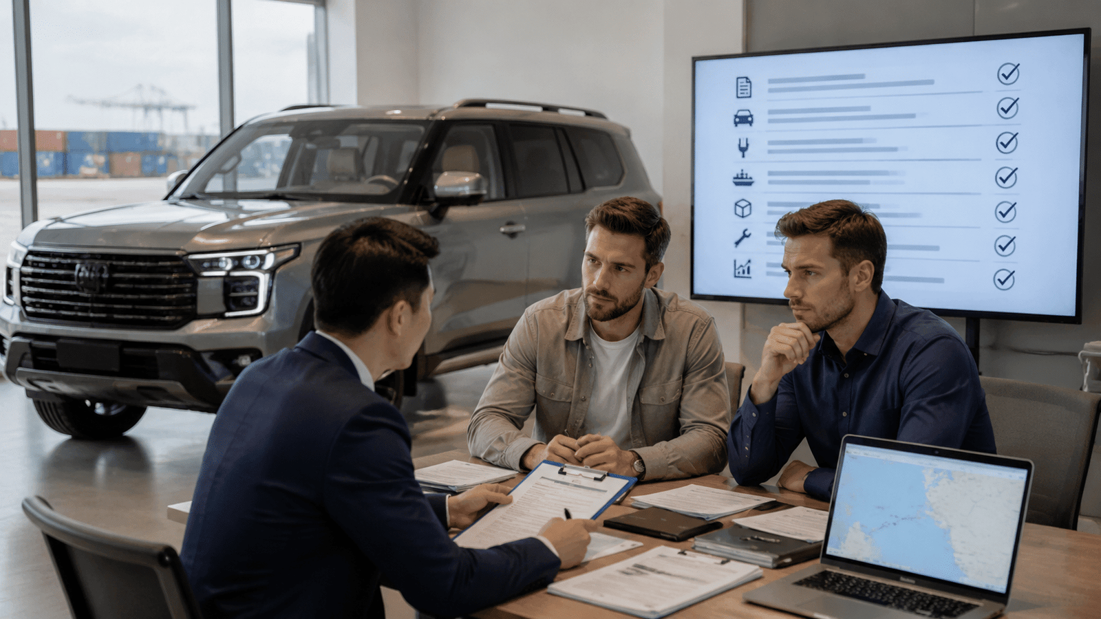 Editorial illustration of vehicle buyers reviewing a digital checklist with a seller in a showroom, representing pre-purchase risk checks.