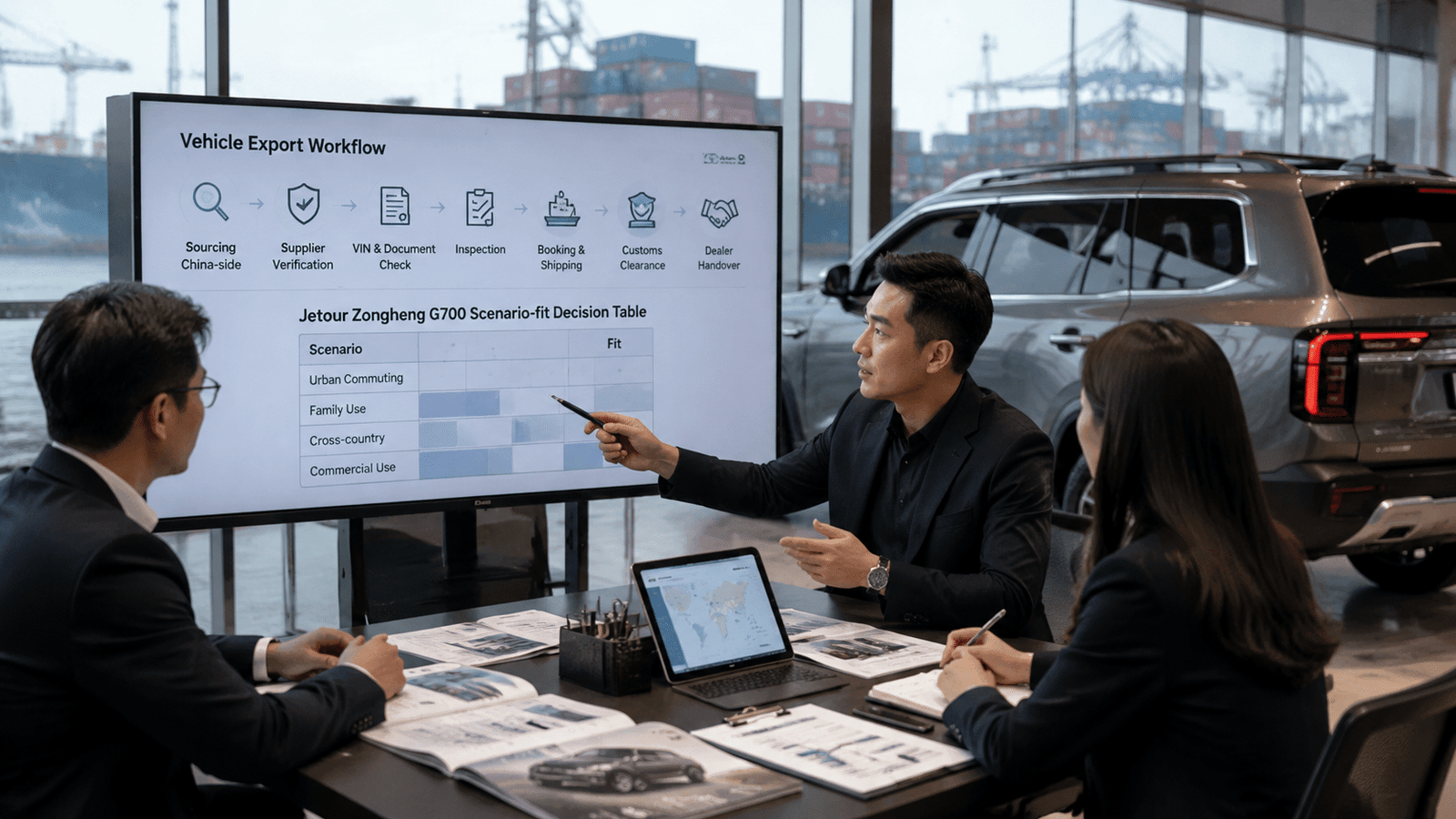 Editorial illustration of a business team reviewing a vehicle export workflow and a Jetour Zongheng G700 scenario-fit decision table.