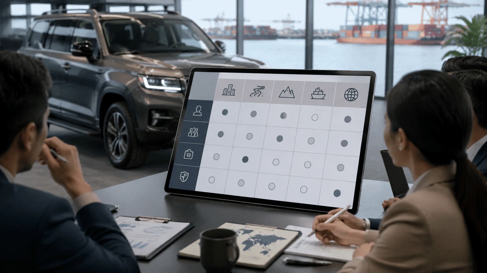 Editorial illustration of a vehicle sourcing decision matrix displayed on a tablet with a showroom and export port in the background.