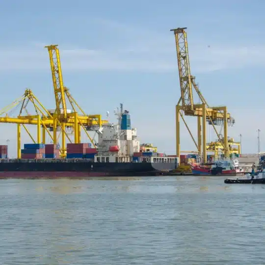 A cargo ship docked at an industrial port with cranes and containers at a bustling harbor.