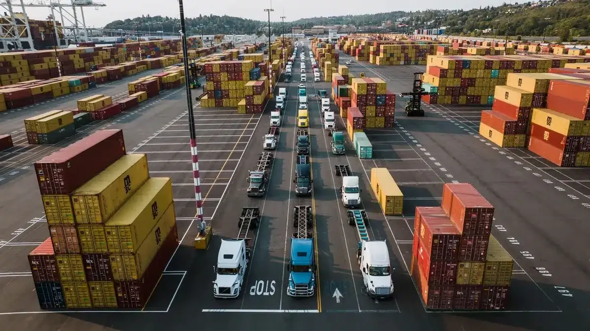A bustling aerial shot of Seattle's shipping port with trucks lined up amongst colorful cargo contai