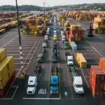 A bustling aerial shot of Seattle's shipping port with trucks lined up amongst colorful cargo contai