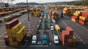 A bustling aerial shot of Seattle's shipping port with trucks lined up amongst colorful cargo contai