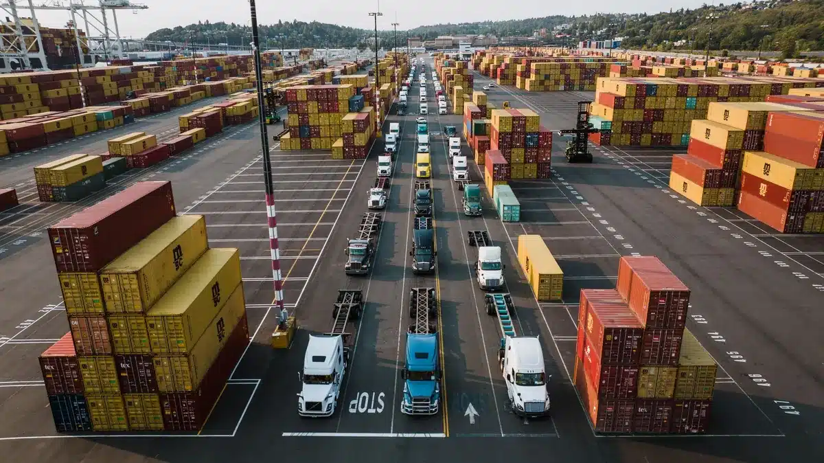 A bustling aerial shot of Seattle's shipping port with trucks lined up amongst colorful cargo contai